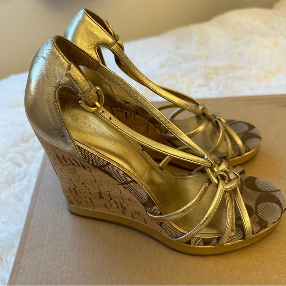 Coach Joslin Metallic Gold Brown Wedge Sandals Size: 7